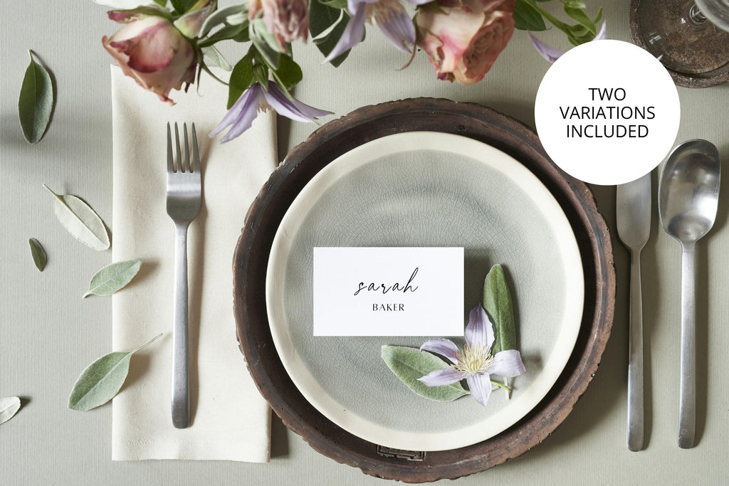 Editable flat and folded wedding place card variations styled on an elegant neutral reception table with botanical wedding details.