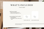 Wedding place card Canva template listing three printable sizes, editable colours and two included flat and folded name card layouts.