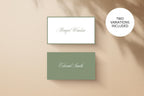 Editable Canva wedding place card templates in ivory with a sage green border and solid sage with white lettering, showing two elegant guest name designs with customisable text, fonts and colours.