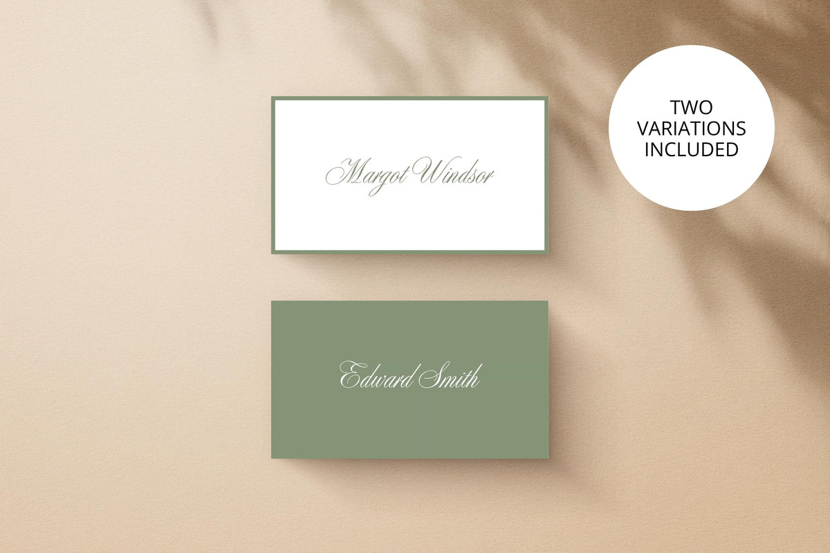 Editable Canva wedding place card templates in ivory with a sage green border and solid sage with white lettering, showing two elegant guest name designs with customisable text, fonts and colours.