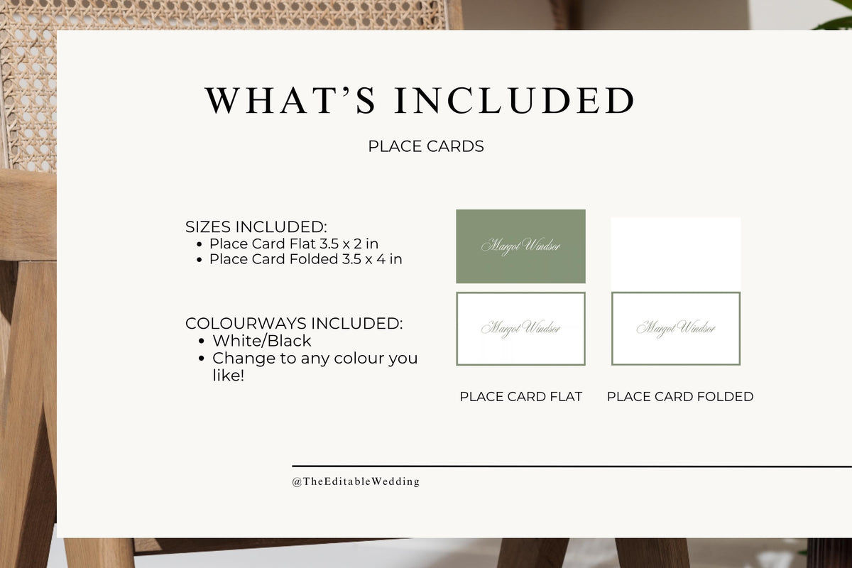 Wedding place card template information showing flat 3.5 × 2 inch and folded 3.5 × 4 inch sizes, white and green colour options, and coordinating printable guest name card designs.