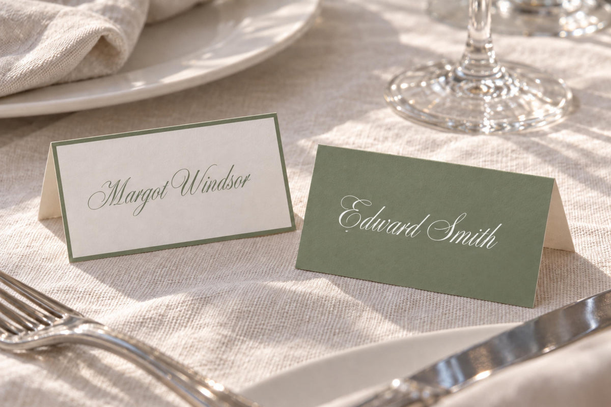 Two coordinating sage green wedding place card designs, featuring an ivory card with a green border and a solid green card with white script, displayed together on a linen reception table.
