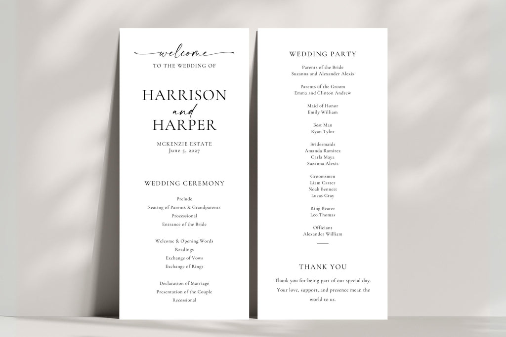 Modern black and white wedding ceremony and bridal party layout mockup, full editable Canva template, minimalist wedding order of service cards
