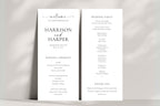 Modern black and white wedding ceremony and bridal party layout mockup, full editable Canva template, minimalist wedding order of service cards