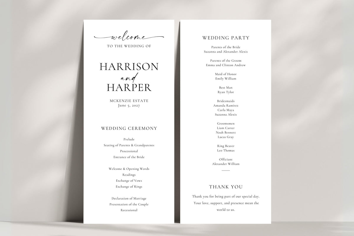 Modern black and white wedding ceremony and bridal party layout mockup, full editable Canva template, minimalist wedding order of service cards