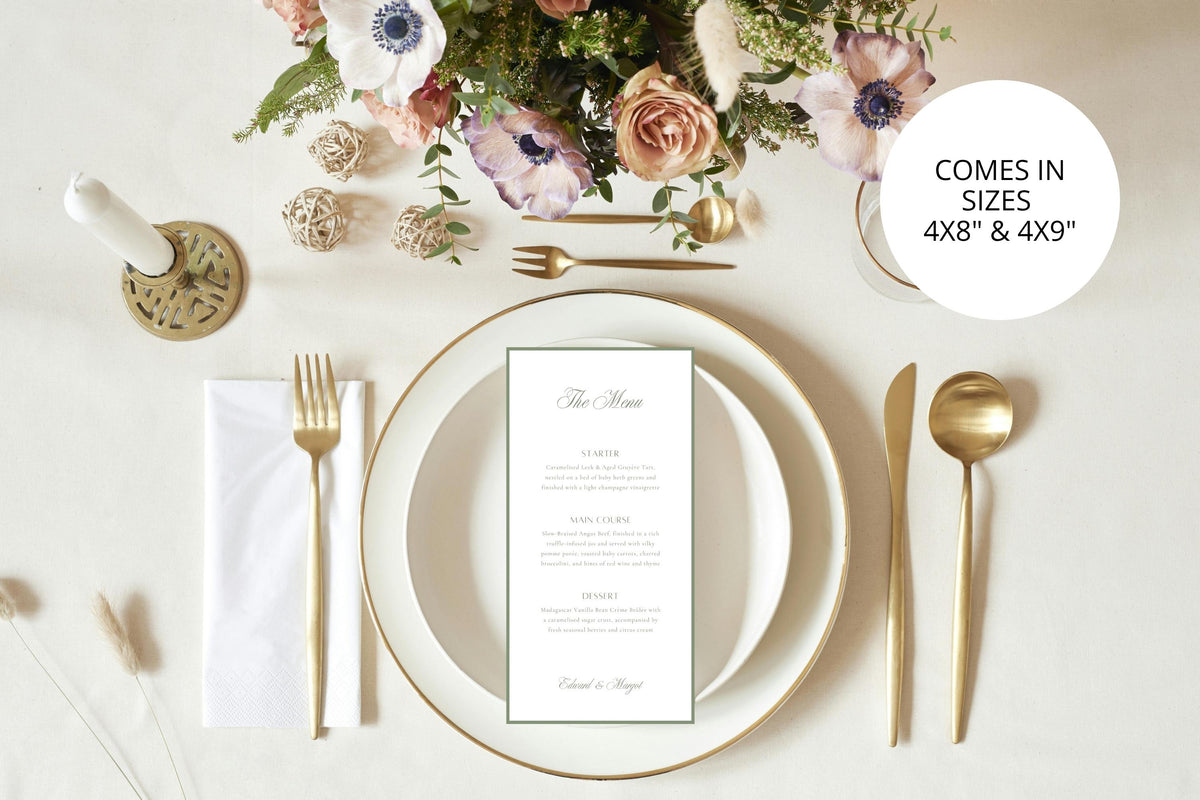 Editable wedding menu template in 4x8 and 4x9 inch sizes, displayed on a white and gold plate with gold cutlery, white linen and pastel flowers for an elegant garden wedding reception place setting.