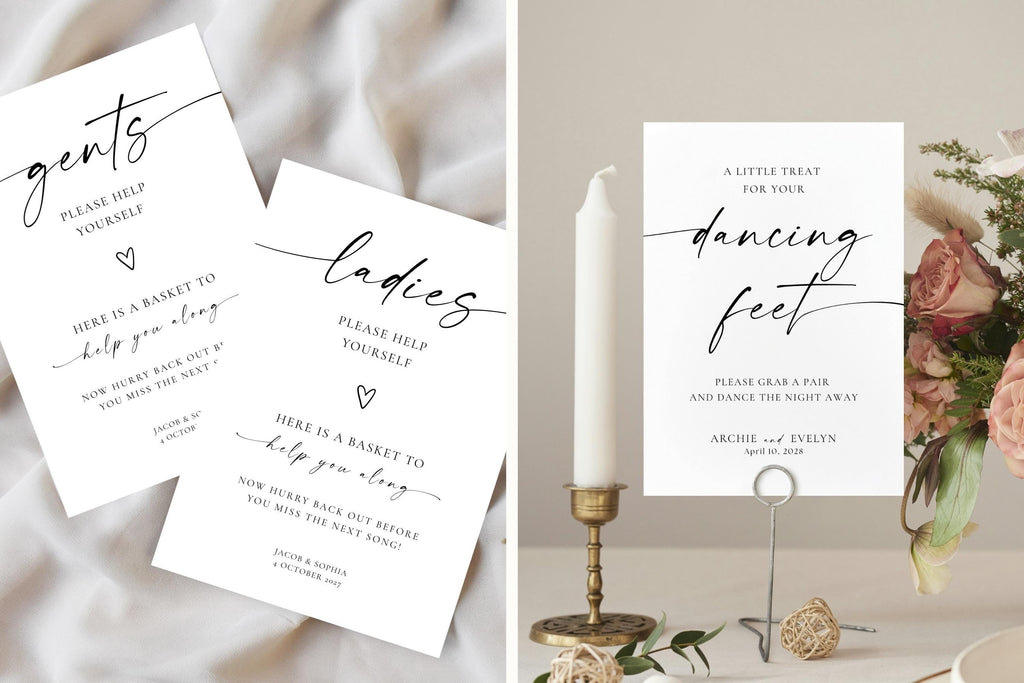 editable minimalist canva wedding signage – matching ladies and gents restroom signs and dancing feet flip-flop sign, modern printable wedding reception decor template