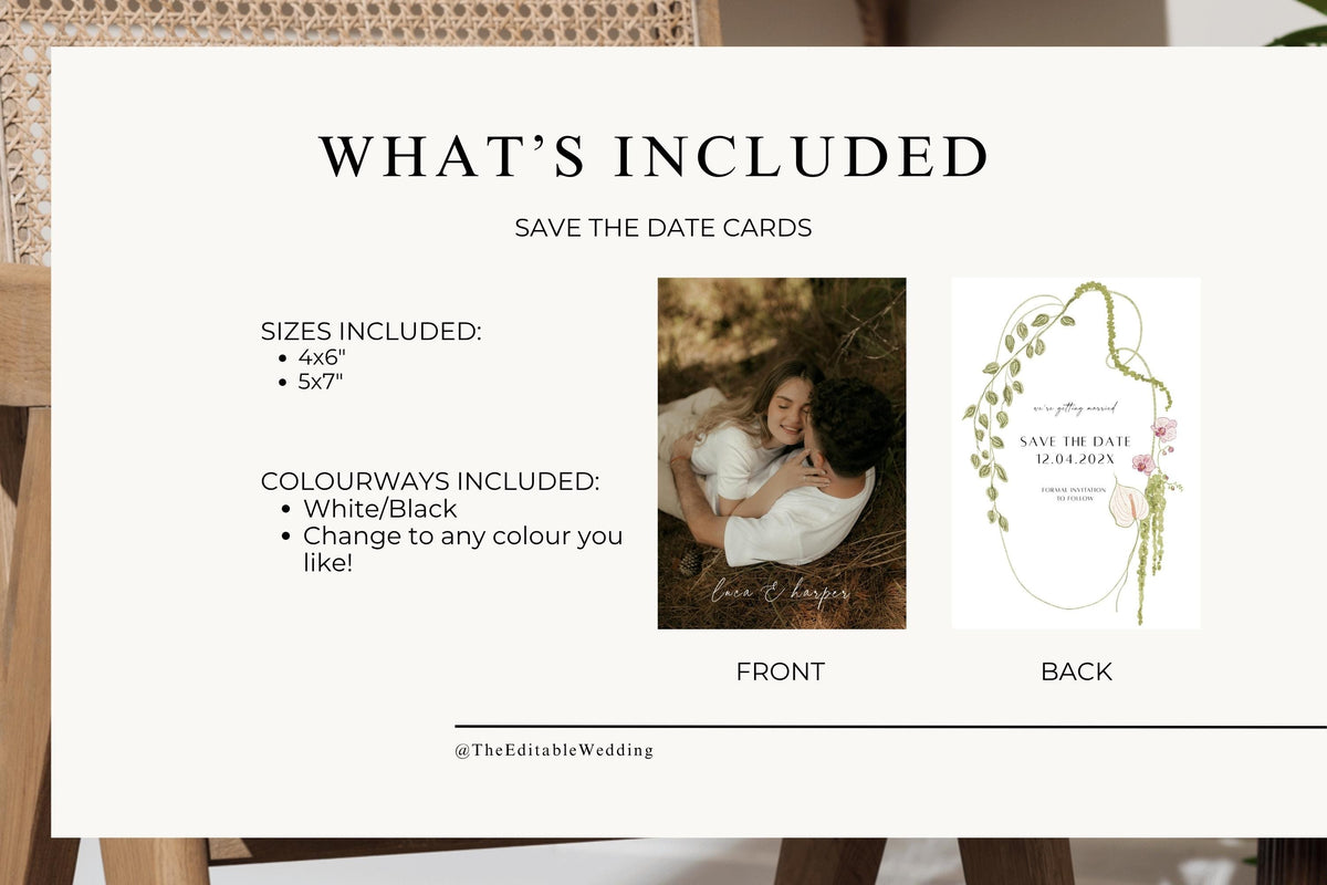 Editable save the date Canva template listing image showing front and back wedding card designs, botanical floral and photo save the date stationery