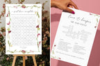 Floral wedding crossword game sign and printable puzzle sheet with burgundy flowers and greenery for a wedding reception activity.