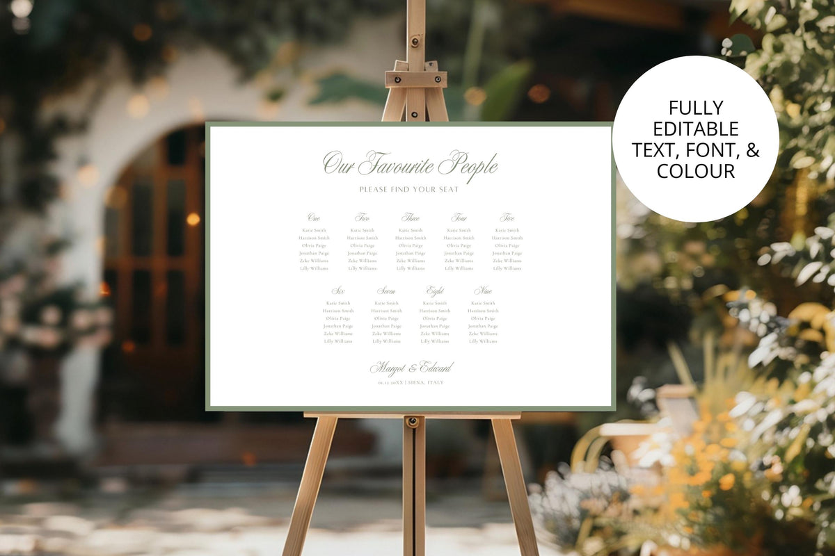 Landscape wedding seating chart displayed outside a wedding venue, with a callout explaining that the template’s text, font and colour can be edited.