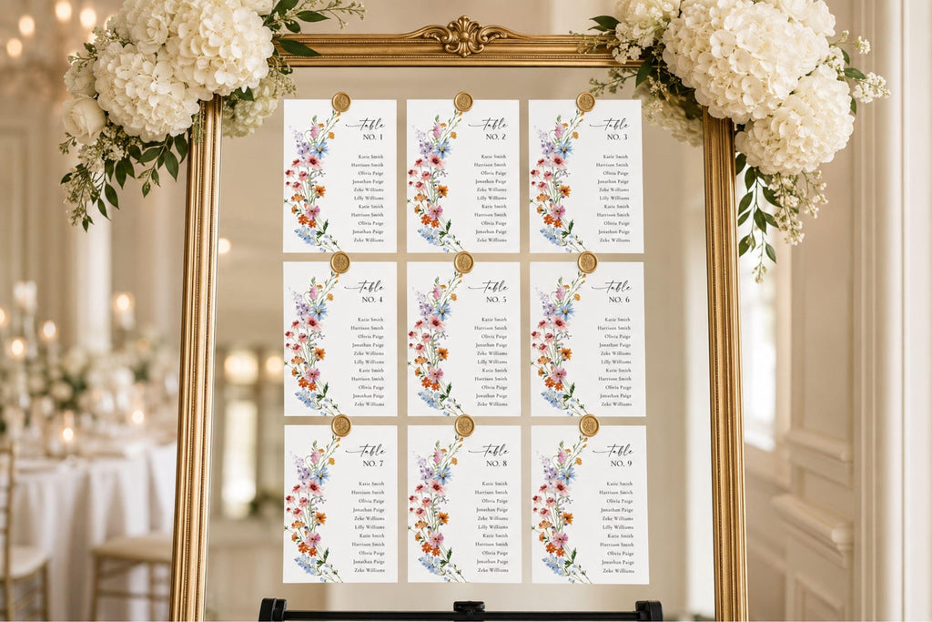 Editable floral wedding seating chart template, printable seating plan with table assignments, elegant wedding reception seating display Canva