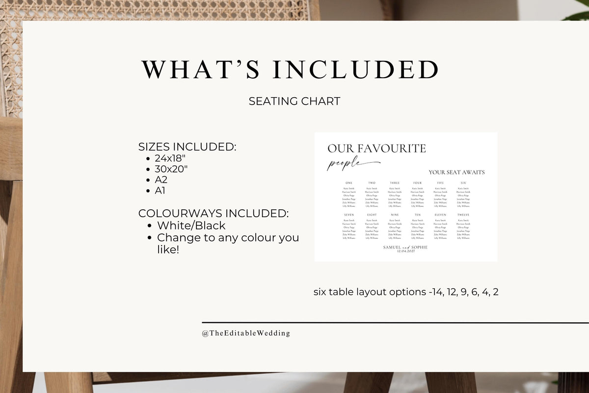 Landscape Wedding Seating Chart Template: Modern Elegant Design (Editable Canva), MC25