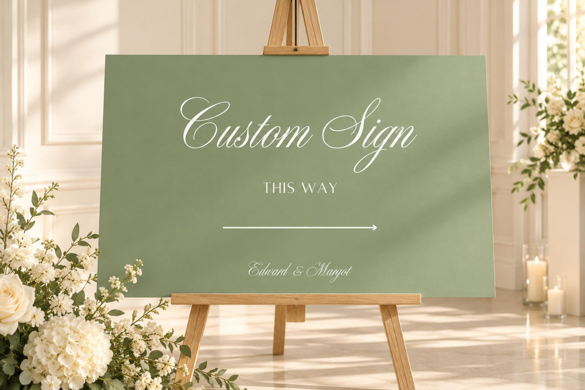 Customisable sage green wedding sign template on a wooden easel, styled with white flowers and soft neutral décor for an elegant wedding.