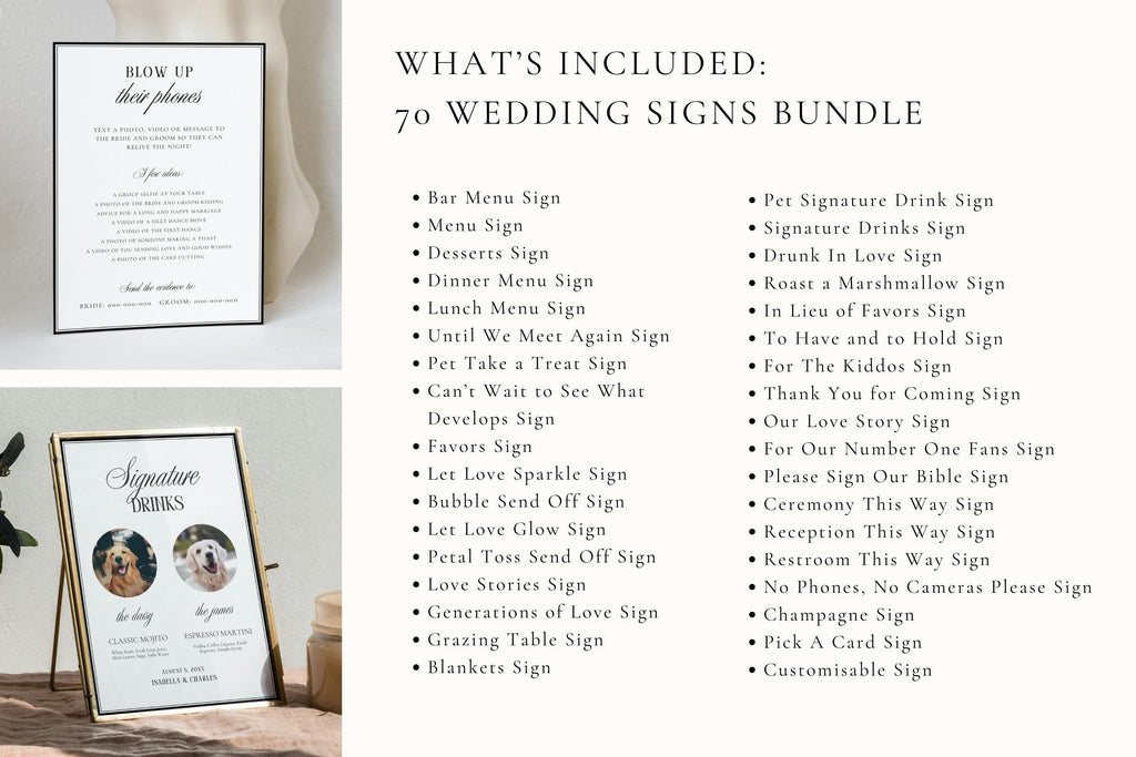 Wedding signs bundle details image showing all included printable wedding signs for reception, ceremony and bar areas, editable Canva templates for minimalist and modern weddings