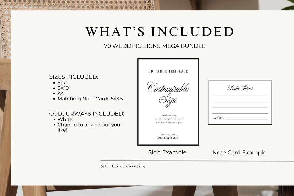 What’s included layout showing wedding sign sizes and matching note card example, printable wedding sign bundle editable in Canva with colour, text and font customisation