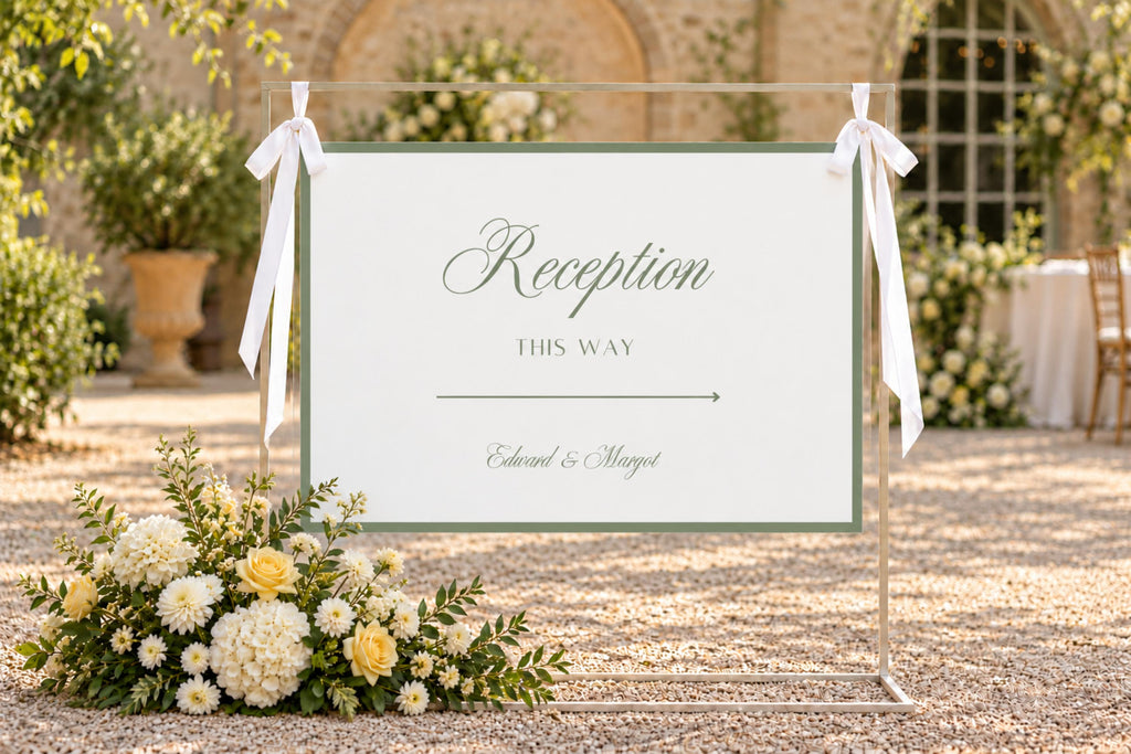 Sage green wedding reception sign template displayed on an easel along a garden pathway, with white flowers and elegant greenery for an outdoor wedding reception.