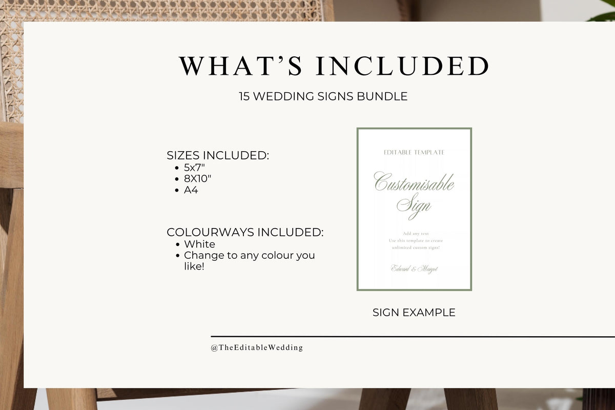 Wedding signage bundle information card showing 5×7, 8×10 and A4 sizes, a white colour option and editable colours, alongside a sample sage green customisable sign.
