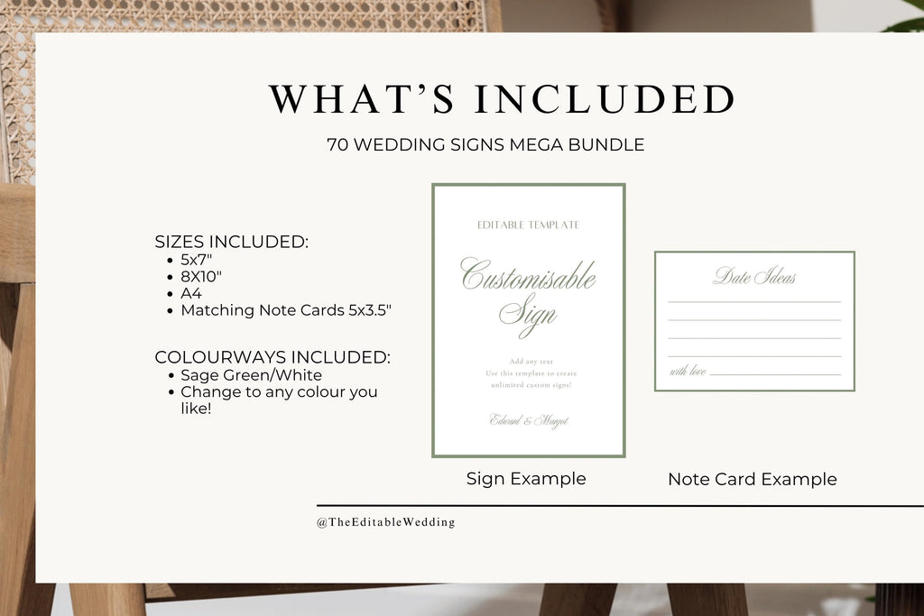 What’s included in the sage green 70 wedding signs mega bundle showing the available sign sizes, editable colours and sample wedding sign and note card designs.
