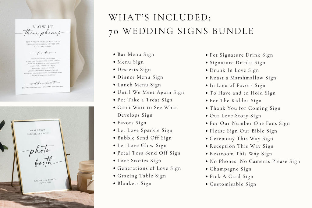 Editable wedding sign bundle product listing image showing 70+ printable Canva templates for wedding reception, ceremony, and bar signage.