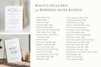 Editable wedding sign bundle product listing image showing 70+ printable Canva templates for wedding reception, ceremony, and bar signage.