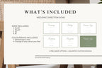 What’s included in the wedding direction sign template set, with a preview of the sign designs and available size and colour options.