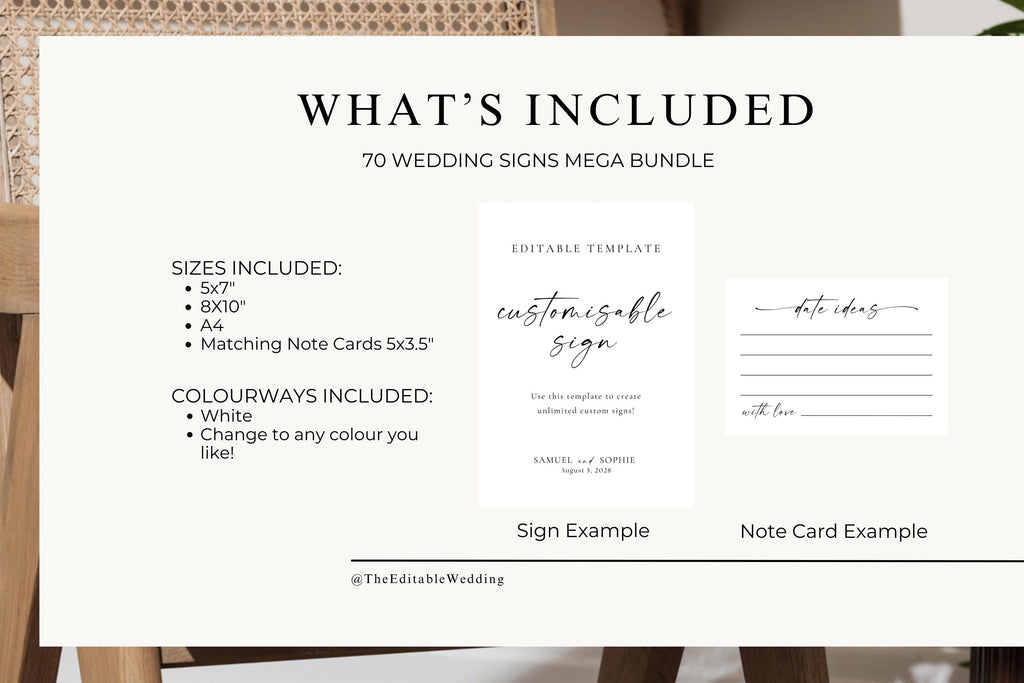 What’s included Canva listing page – 70 editable wedding signs with matching note card examples, available in multiple sizes and colours.