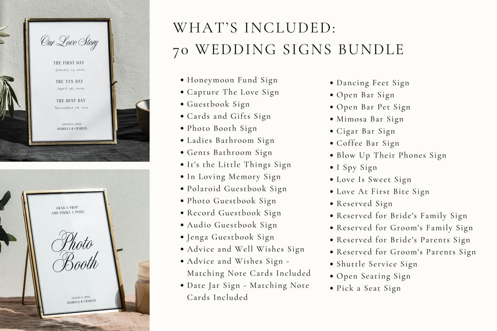 What’s included in the 70 wedding signs bundle showing a full list of editable wedding signage such as bar signs, seating signs, dessert table signs, guestbook signs and directional signs