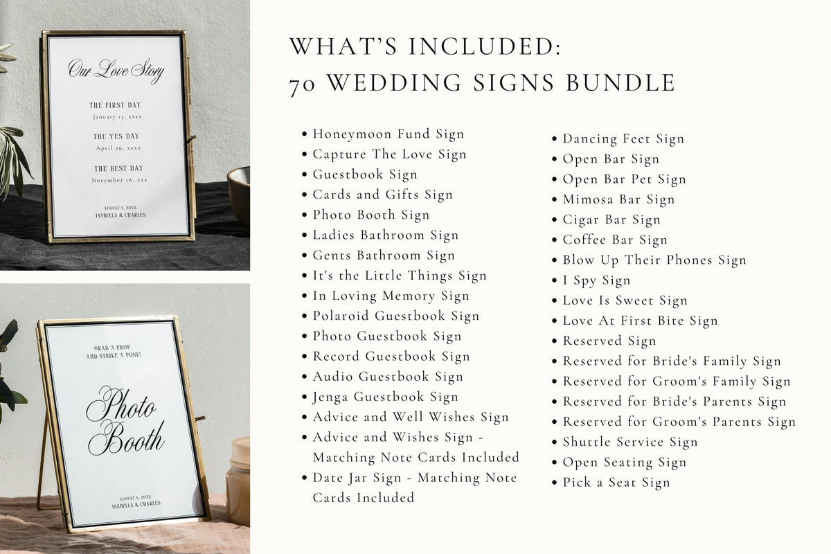 What’s included in the 70 wedding signs bundle showing a full list of editable wedding signage such as bar signs, seating signs, dessert table signs, guestbook signs and directional signs