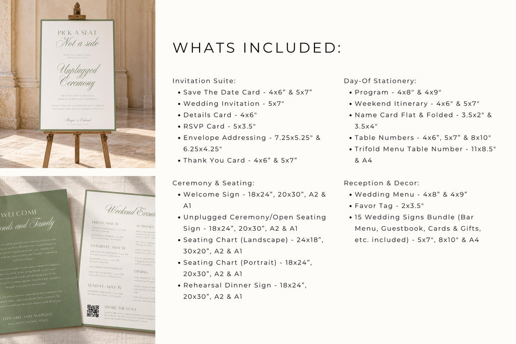 Sage green wedding stationery bundle contents guide listing invitation suite, wedding signage and day-of stationery, alongside styled examples of an elegant welcome sign and coordinating green and ivory paper goods.