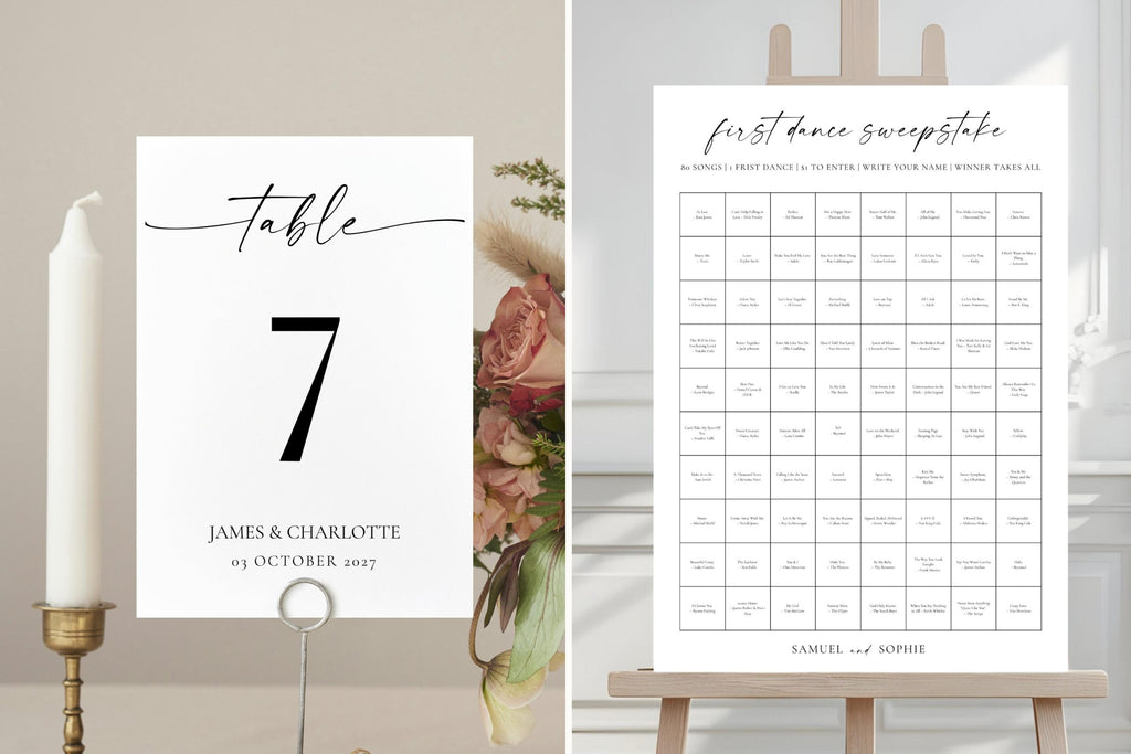 Table number sign and wedding seating chart signage set, minimalist table numbers and seating chart Canva templates for modern elegant wedding decor