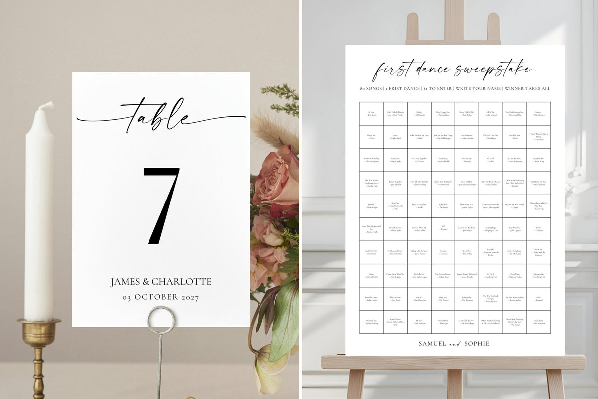 Table number sign and wedding seating chart signage set, minimalist table numbers and seating chart Canva templates for modern elegant wedding decor