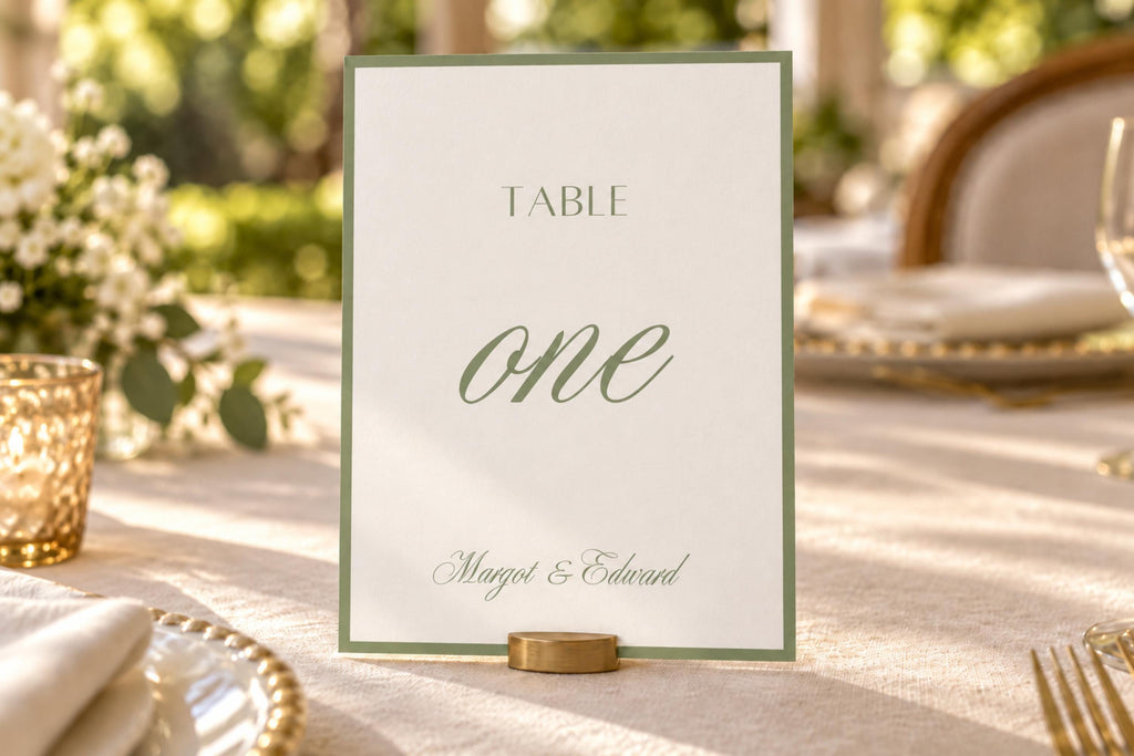 Elegant sage green table one sign in a gold holder on an ivory wedding reception table, featuring romantic calligraphy and a minimalist border for classic garden wedding table decor.