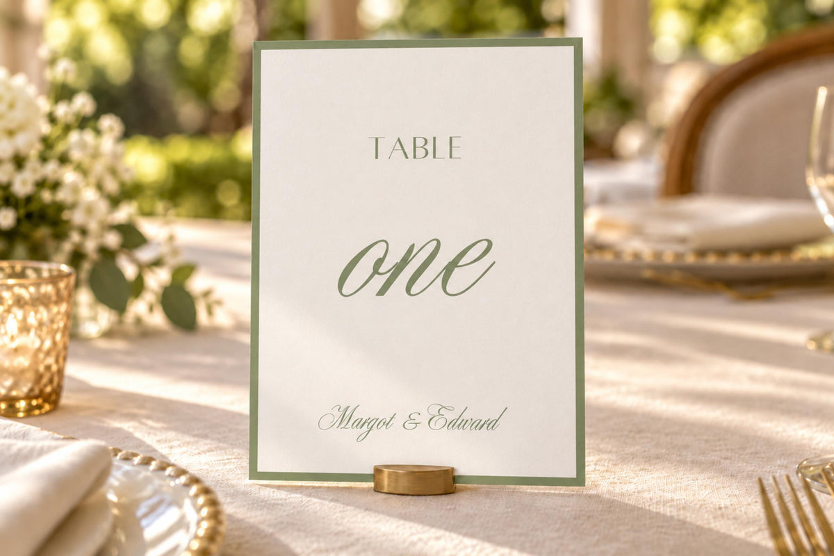 Elegant sage green table one sign in a gold holder on an ivory wedding reception table, featuring romantic calligraphy and a minimalist border for classic garden wedding table decor.