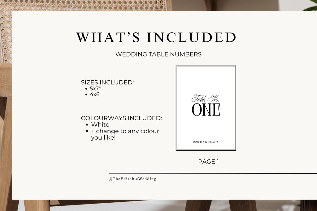 What’s included preview for editable wedding table numbers, showing printable 4x6 and 5x7 sizes, black and white minimalist table number design, Canva template for modern wedding signage.