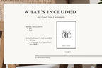 What’s included preview for editable wedding table numbers, showing printable 4x6 and 5x7 sizes, black and white minimalist table number design, Canva template for modern wedding signage.