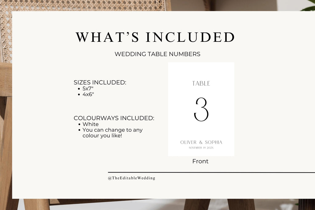 Wedding table numbers Canva template bundle, what’s included mockup, editable printable table number set, minimalist wedding signage collection, instant download template
