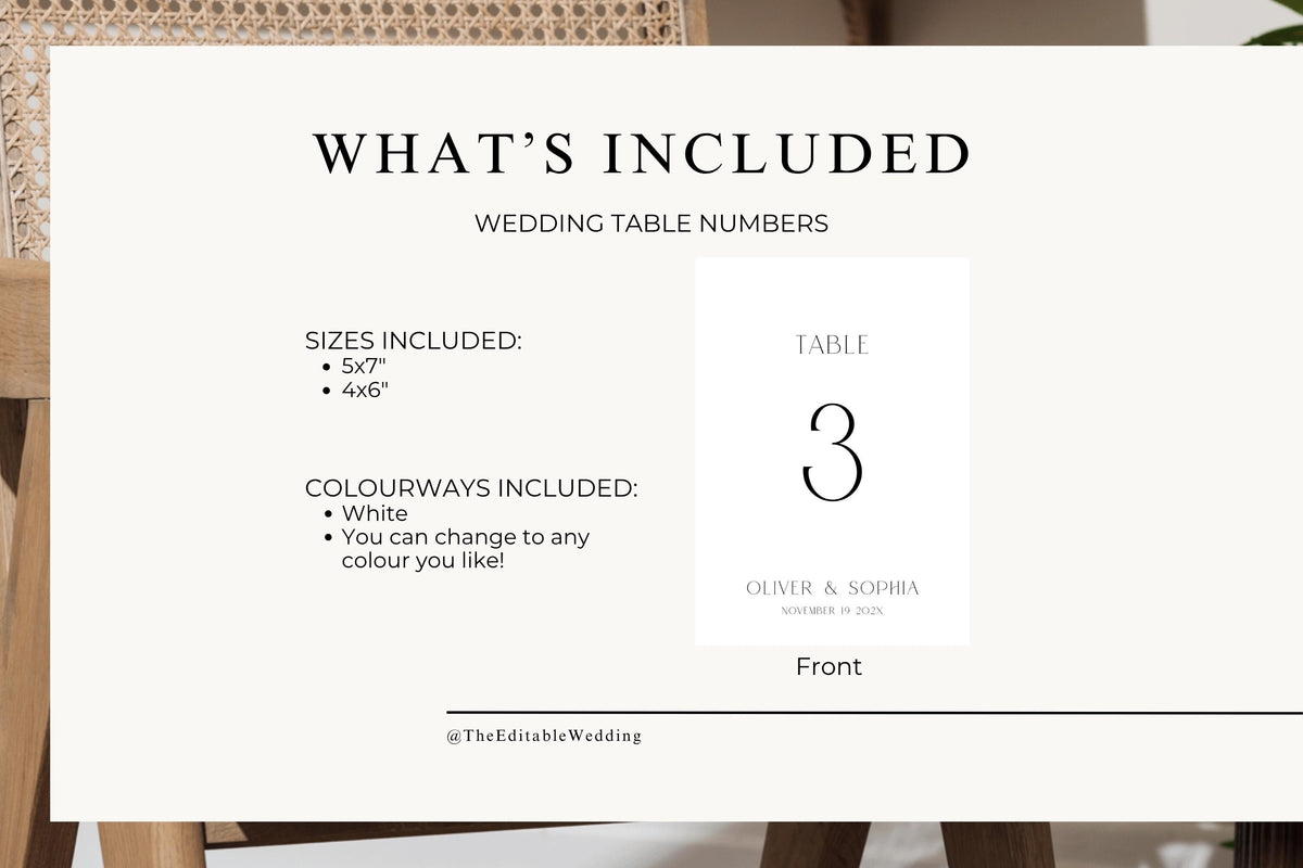 Wedding table numbers Canva template bundle, what’s included mockup, editable printable table number set, minimalist wedding signage collection, instant download template