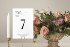Minimalist wedding table number template displayed at a reception with floral centerpiece and candle – printable editable table sign for modern wedding décor.