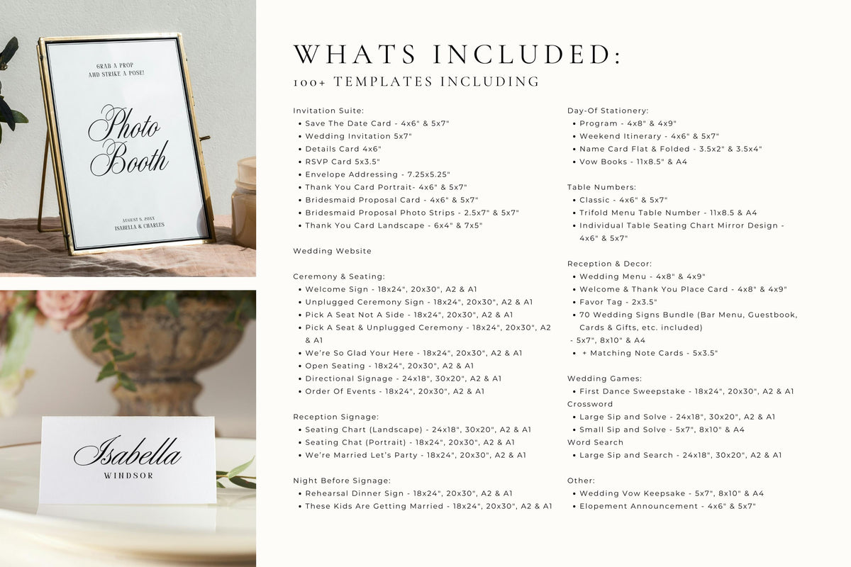 What's included editable wedding template bundle, Canva wedding template collection with invitations, signs, menus, seating charts, save the dates and cards