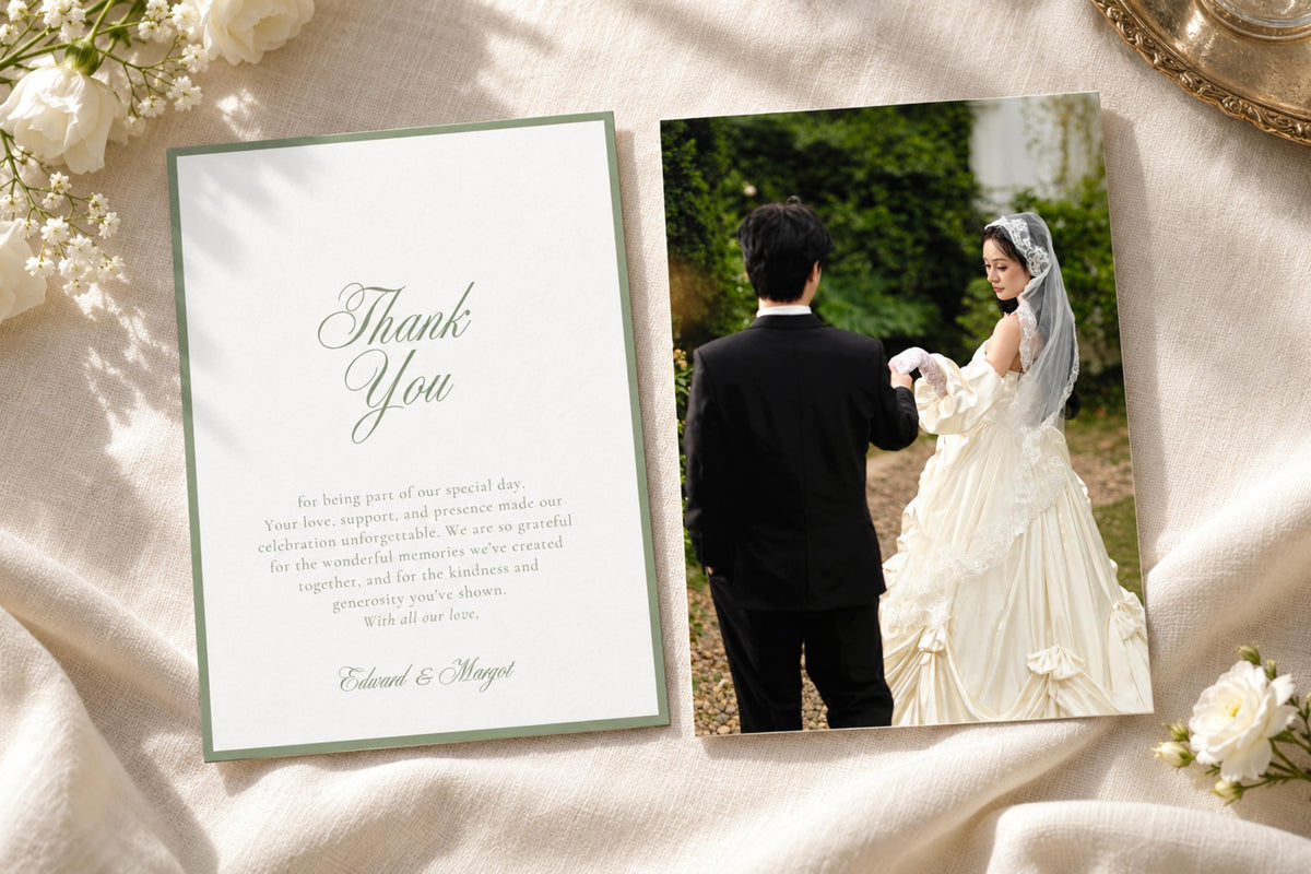 Elegant sage green wedding thank you card and matching photo reverse on ivory fabric with white flowers, featuring romantic calligraphy and a classic border for timeless wedding stationery.