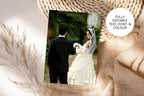 Personalised wedding photo thank you card featuring a full-page bride and groom portrait, styled with neutral linen, woven textures and dried stems, with a label highlighting editable text, fonts and colours.