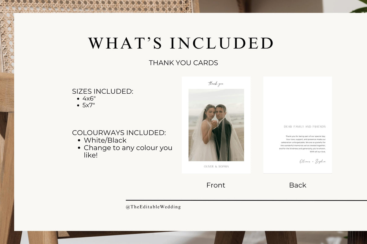 Wedding thank you card template bundle details, sizes included 4x6 and 5x7, editable Canva template, minimalist modern wedding stationery instant download