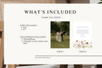 What is included in the photo wedding thank you card template: 5 x 7 and 4 x 6 inch sizes, with previews of the personalised photo front and floral thank you message reverse, plus colour and editing information.