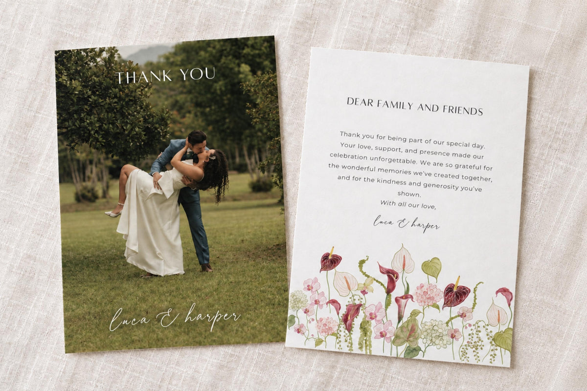 Wedding thank you card template with a couple’s photo and a matching floral message card from the burgundy botanical collection.