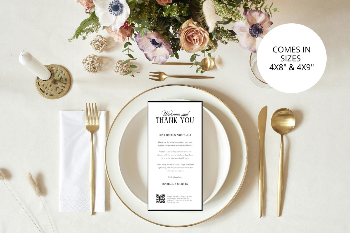 Editable wedding thank you letter template displayed on luxury wedding place setting, printable wedding guest thank you note, Canva wedding reception stationery, modern minimalist wedding thank you card with floral tablescape