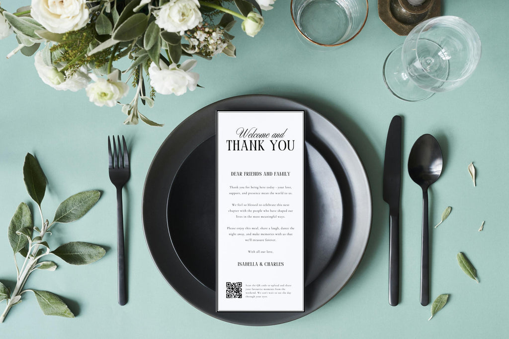 Wedding thank you QR sign template editable in Canva for guest photo sharing, digital wedding photo upload sign with elegant minimalist design