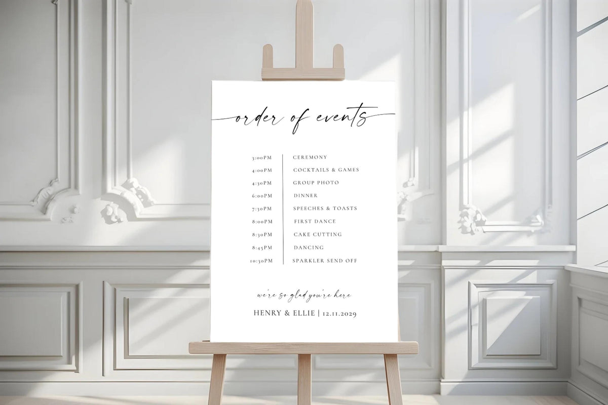 Elegant black and white wedding order of the day sign, minimalist order of events poster, printable wedding timeline template displayed indoors
