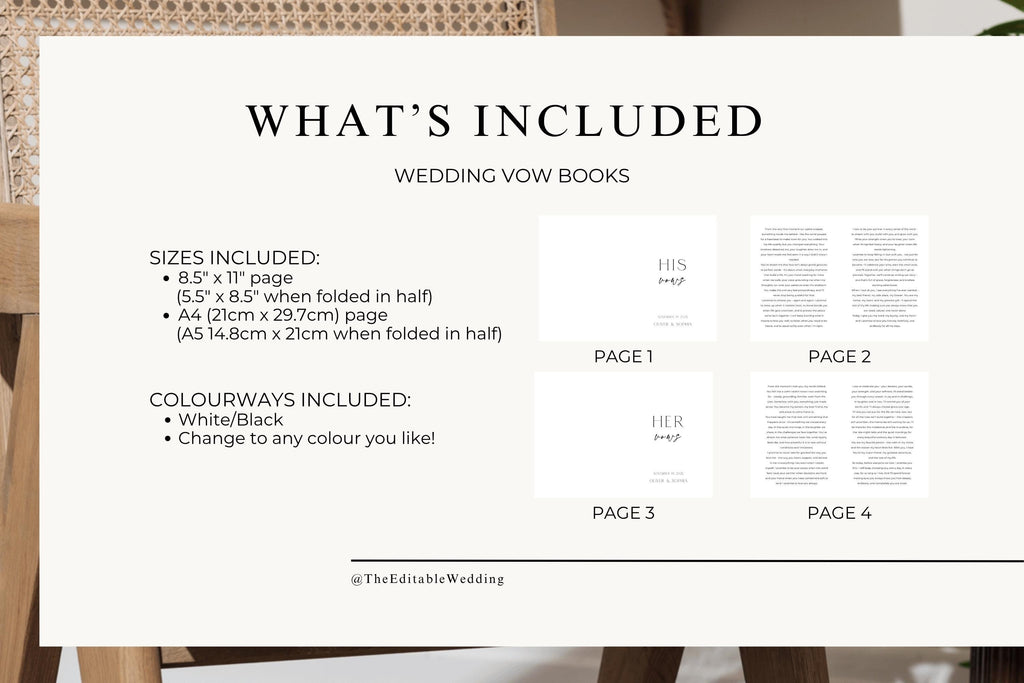 What's included editable wedding vow book template bundle, printable His and Her Vows booklet template, Canva wedding vow journal download, customizable wedding stationery package, modern minimalist vow book set for bride and groom.