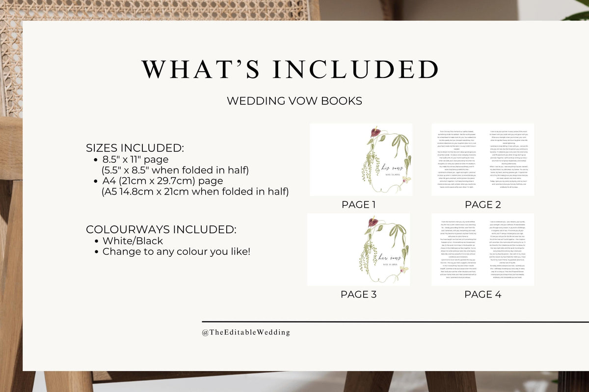What’s included with the editable wedding vow book templates, showing floral his and her vows covers and matching text pages. Printable wedding booklet size information, white background and customisable colour options.