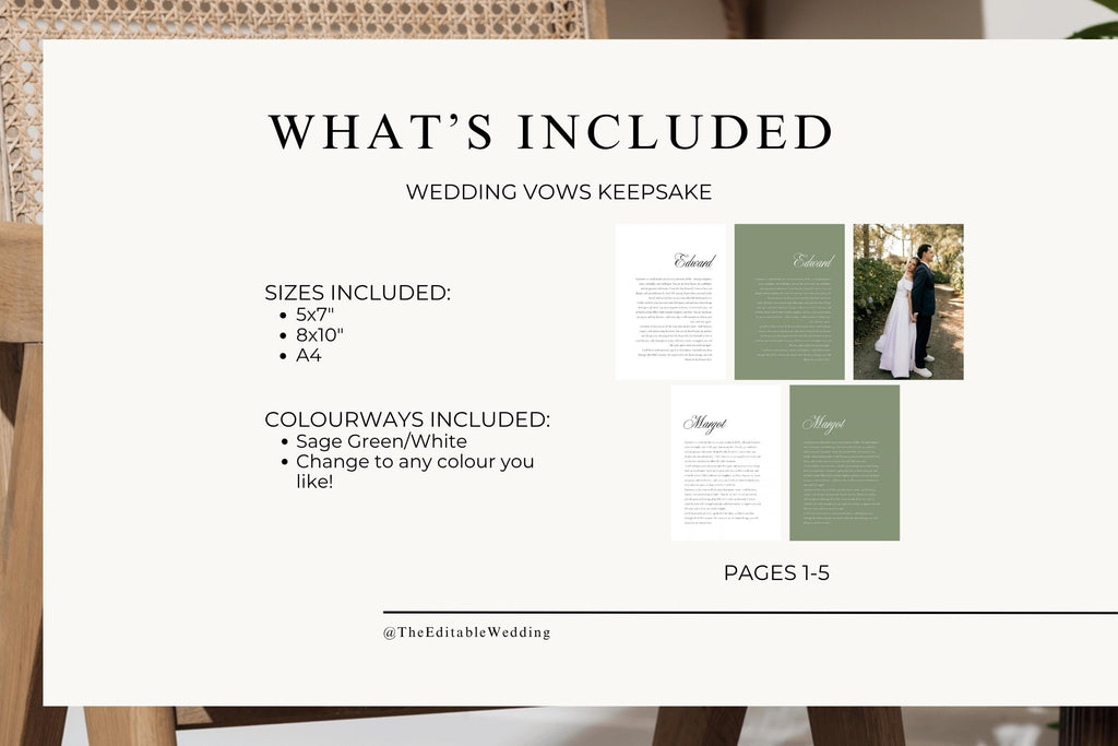 Wedding vows keepsake template inclusion guide showing white and sage green designs, a wedding photo layout and printable 5×7, 8×10 and A4 sizes for personalised wedding wall art.